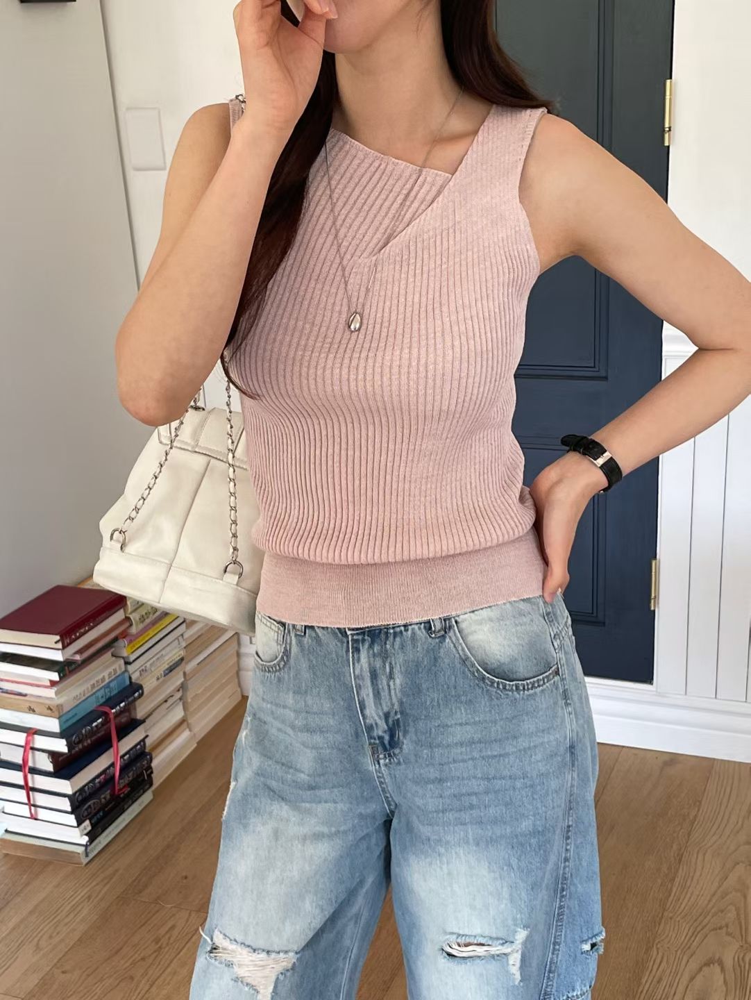 Simple Asymmetric-Neck Linen Knit Tank(5 Colors)