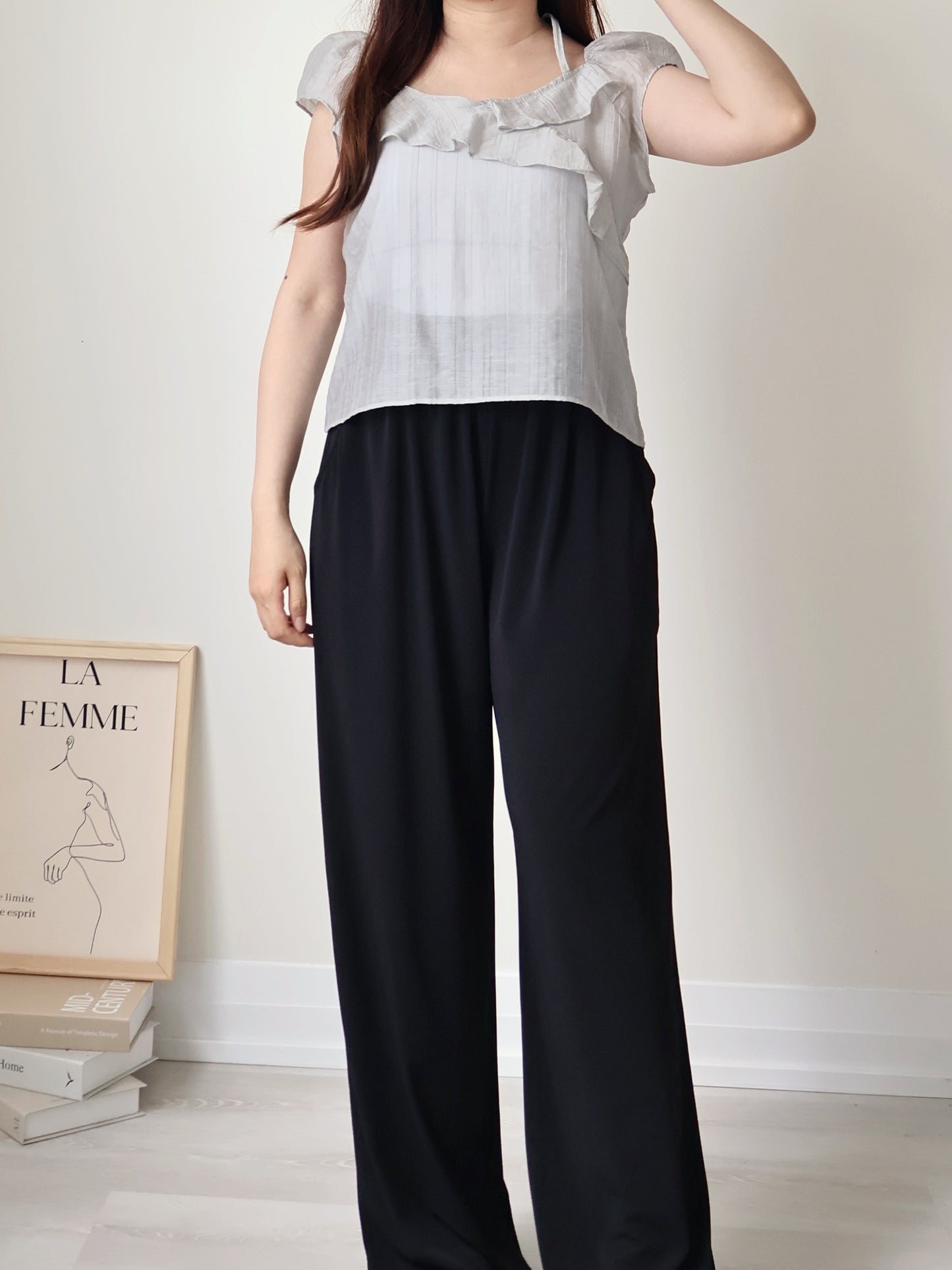 [2-way] Airy Ruffle Halter Tencel Blouse(Light grey)
