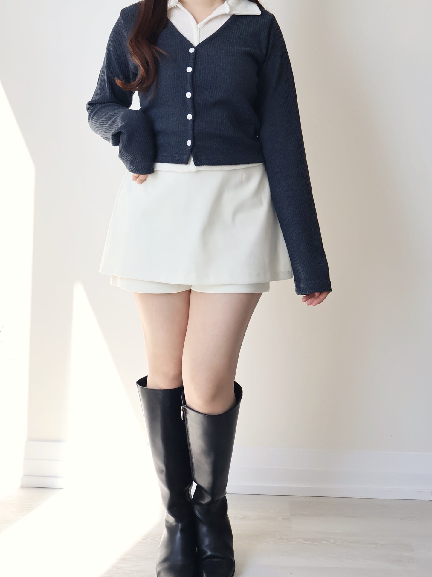 Faux Layered Lapel Button Top(Charcoal)