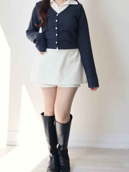 Faux Layered Lapel Button Top(Charcoal)