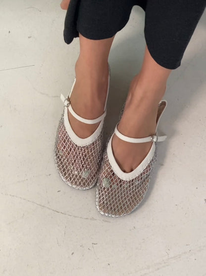 French Sparkle Mesh Mary Jane Flats(3 colors)