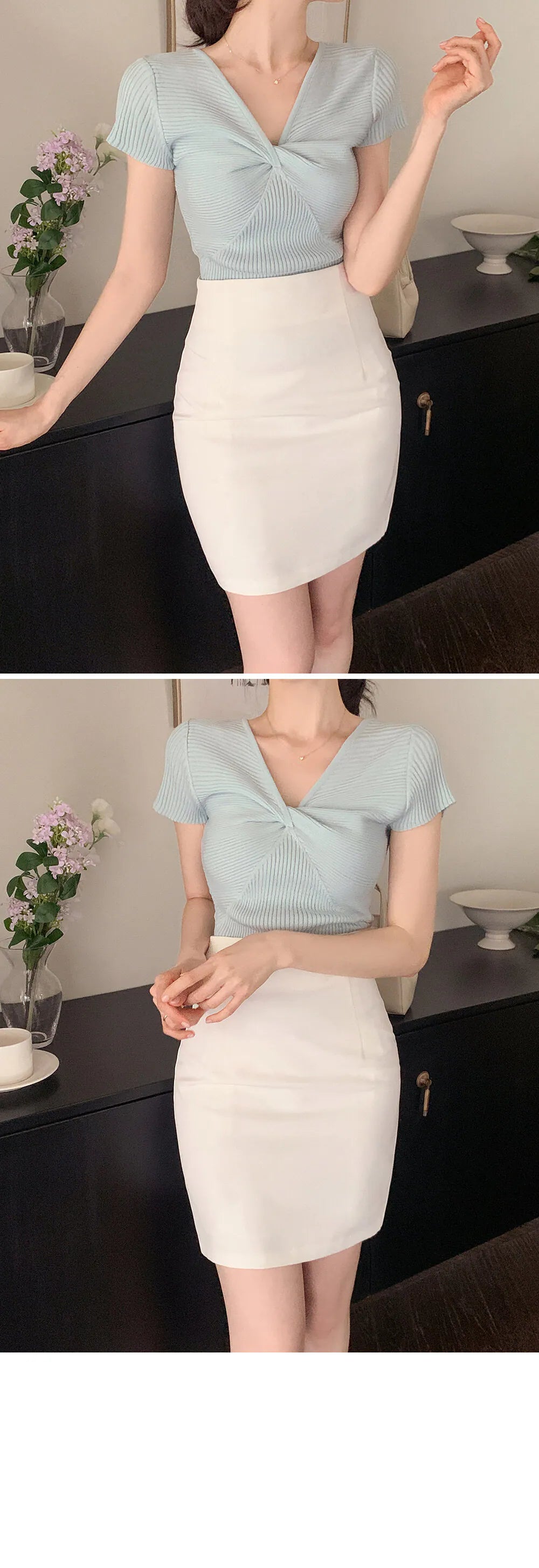 Slim-Fit Twist Stretch Knit Top(4 Colors)