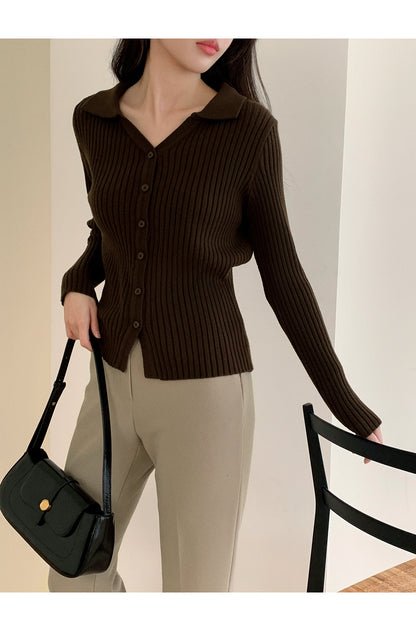 Sophisticated Collared Button-down Knit Top(4 colors)