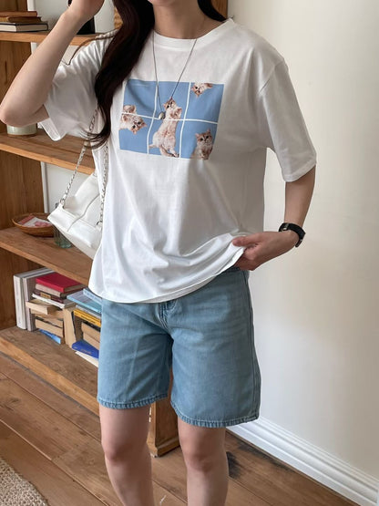 Oversized Cats Graphic Cotton T-Shirt(3 Colors)