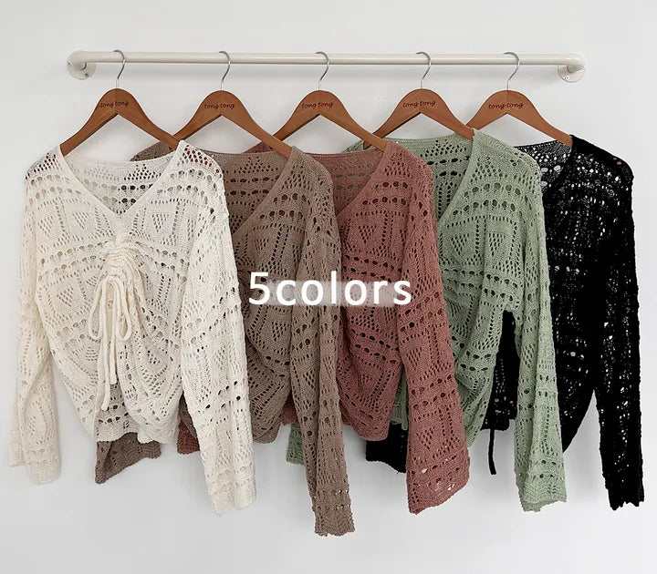 Relaxed V-Neck Drawstring Pointelle Knit Top(5 colors)
