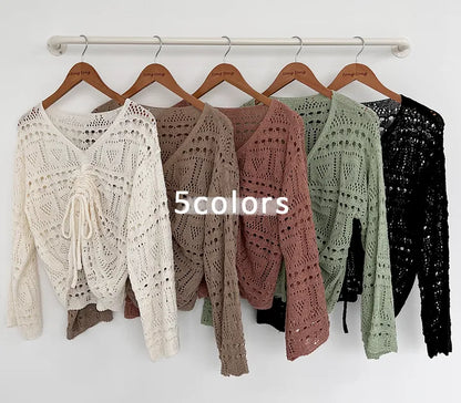 Relaxed V-Neck Drawstring Pointelle Knit Top(5 colors)