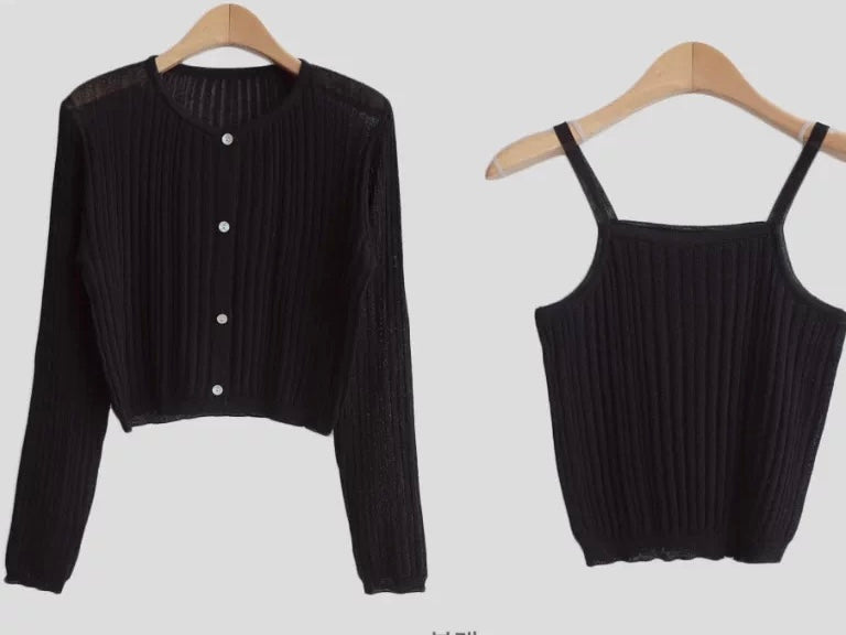 Breezy Cooling Linen Cami + Shell Button Cardigan Set(Black)