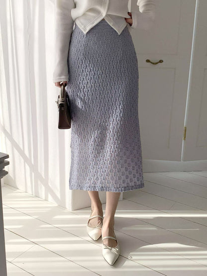 [Stretch Fabric] French Elegant Floral Embossed Slit Midi Skirt(3 colors)