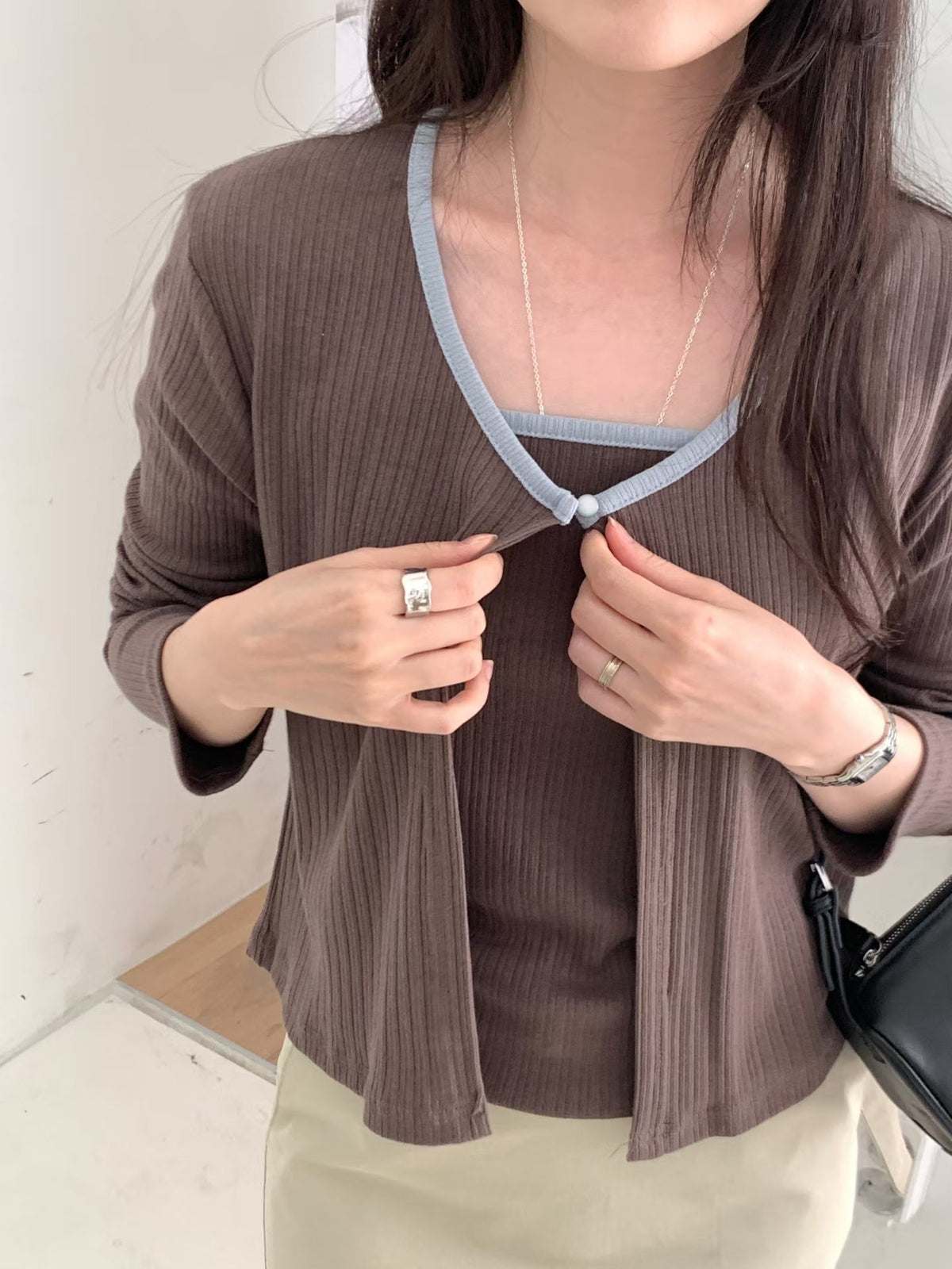Color-Block Trim Cotton Cami & Cardigan 2-Piece Set(4 colors)