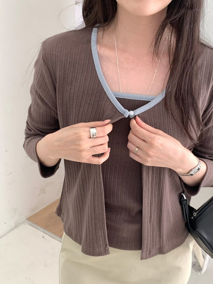 Color-Block Trim Cotton Cami & Cardigan 2-Piece Set(4 colors)