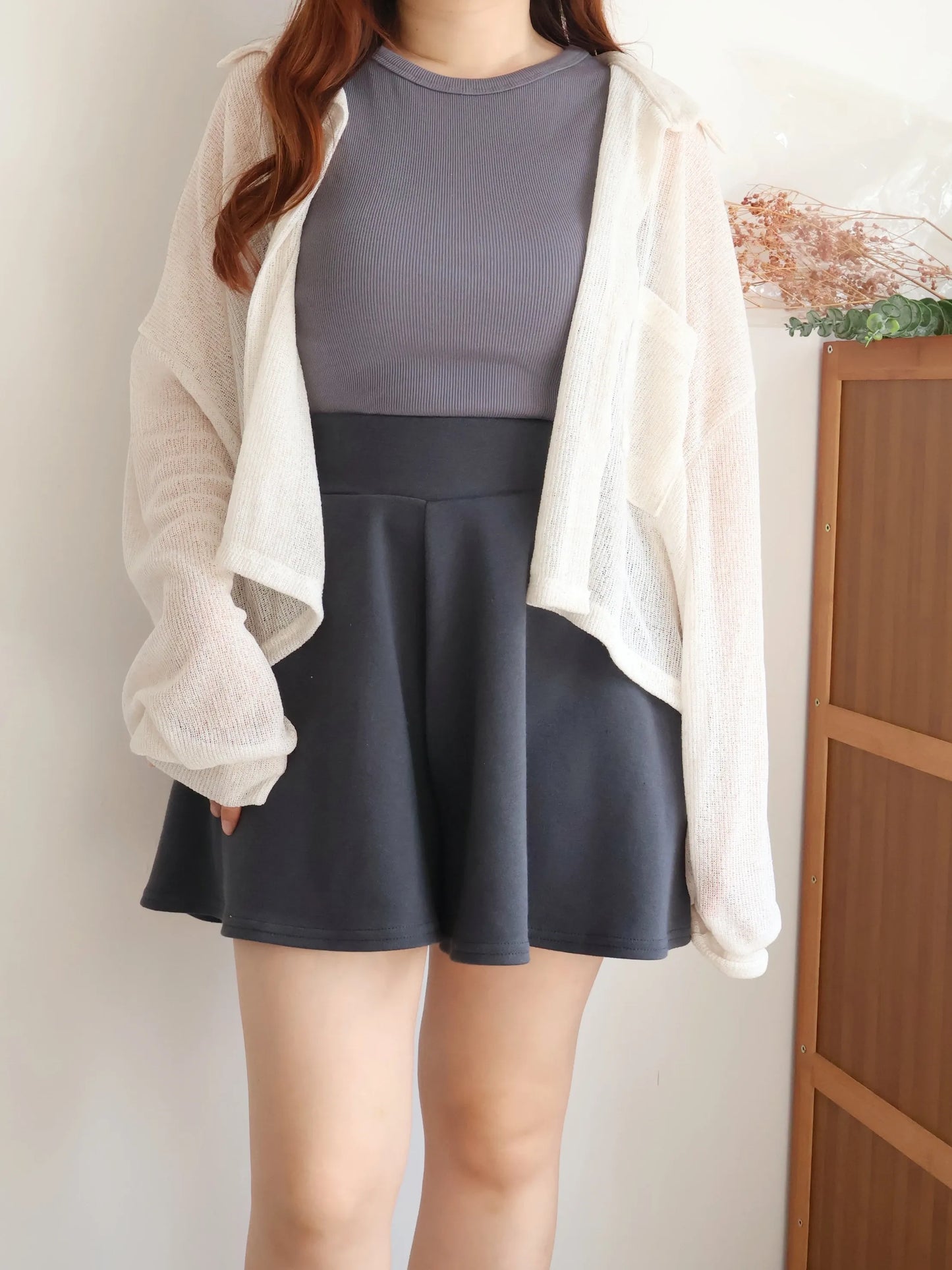 [Hidden Waistband] 365 Comfy A-Line Wide-Leg Cotton Shorts with Pockets(Charcoal)
