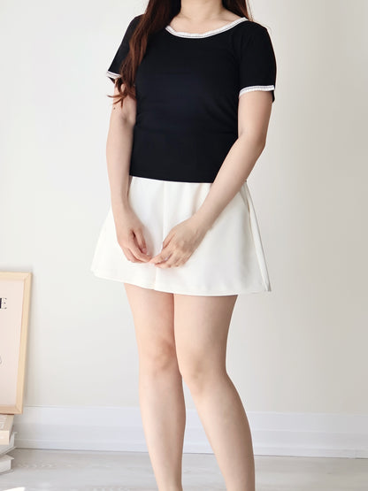 Elegant Slim-Fit Lace Trim Cotton Top(Black)
