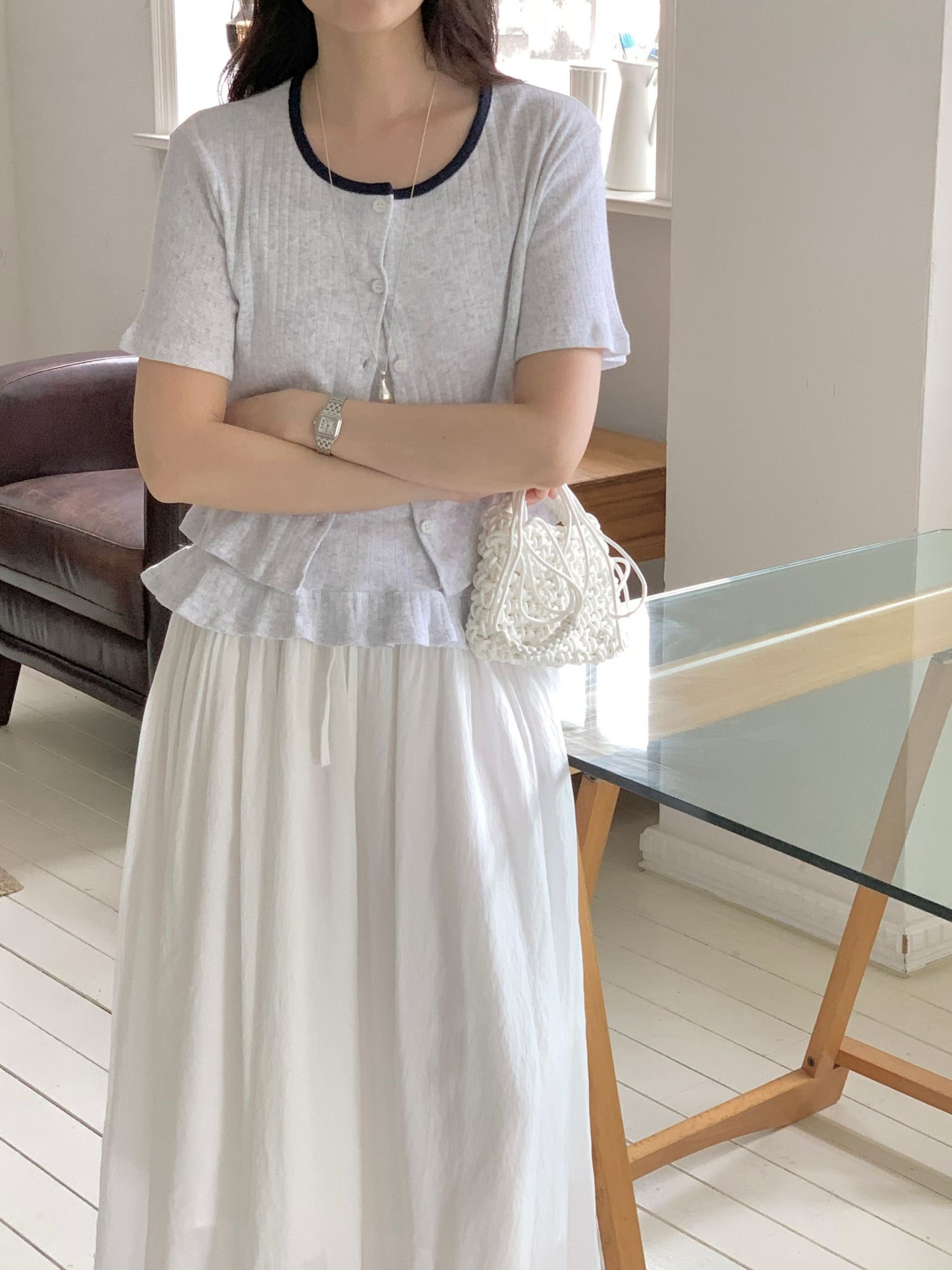 Contrast-Trim Ruffle Cotton Two-Piece Set(4 Colors)