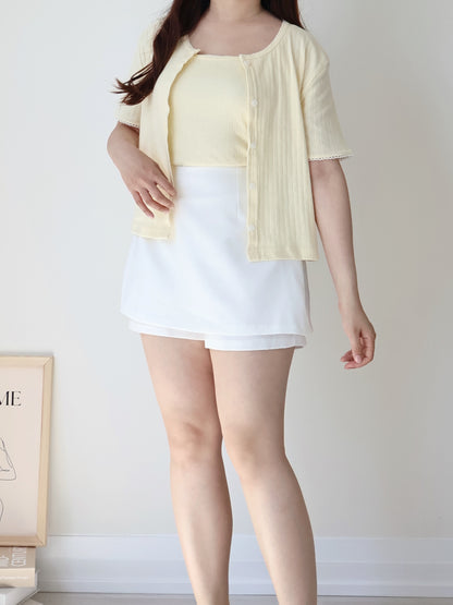 Graceful Contrast-Trim Jacquard Cotton Cami + Cardigan Set(Light Yellow)