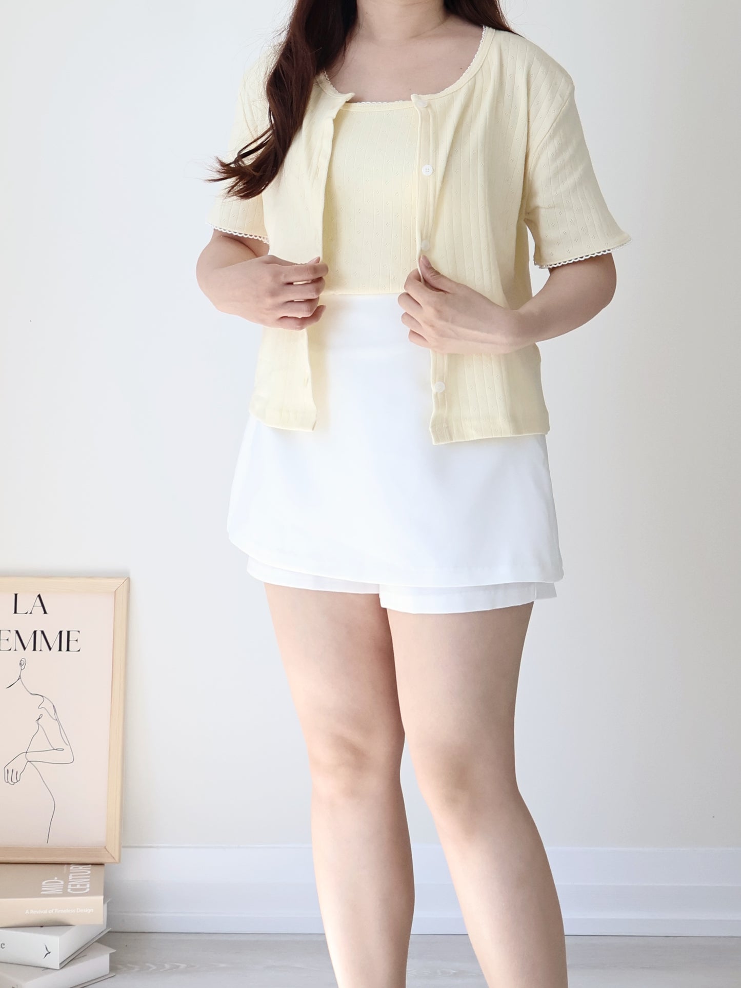 Graceful Contrast-Trim Jacquard Cotton Cami + Cardigan Set(Light Yellow)