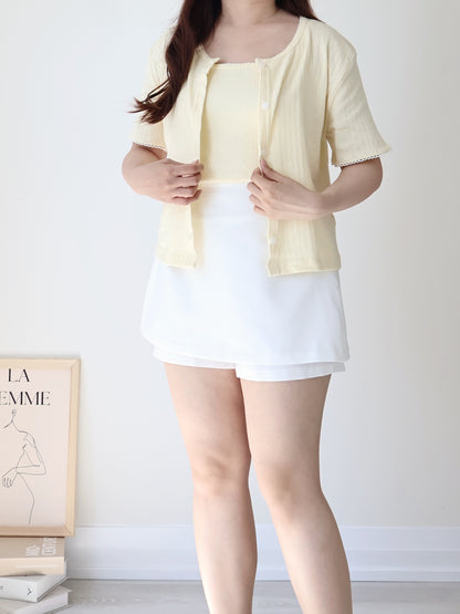 Graceful Contrast-Trim Jacquard Cotton Cami + Cardigan Set(Light Yellow)