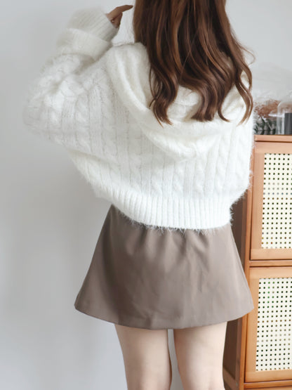 Festive Fluffy Zip Hooded Cardigan(Ivory)