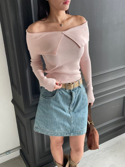 Wide Lapel Collar Off-Shoulder Knit Top(4 colors)