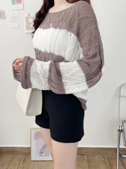 Soft Cable-Knit Colour-Block Top(Brown)