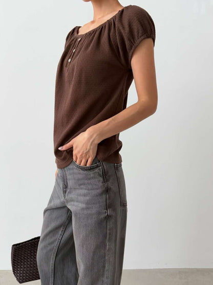 [Wrinkle-Free] 2-Way Earth Tone 3-Button Puff-Sleeve Blouse(4 colors)