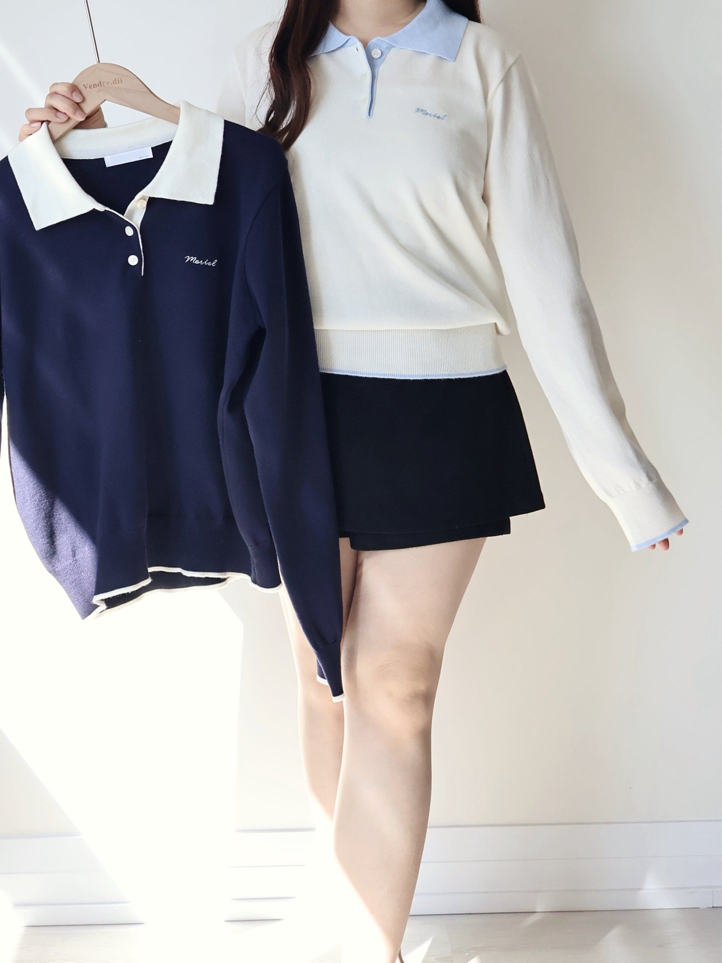 Teddy Collar Colour-Block Embroidered Soft Sweater(Cream)