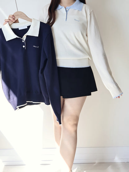 Teddy Collar Colour-Block Embroidered Soft Sweater(Cream)