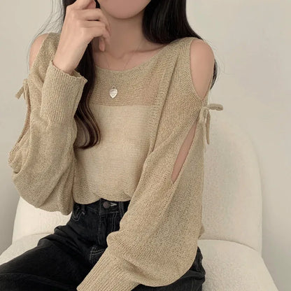Ribbon Tie Open-Shoulder Knit Top(5 colors)