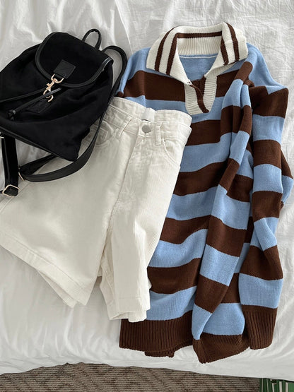 Rugby Stripe Oversized Collar Knit Sweater(4 colors)