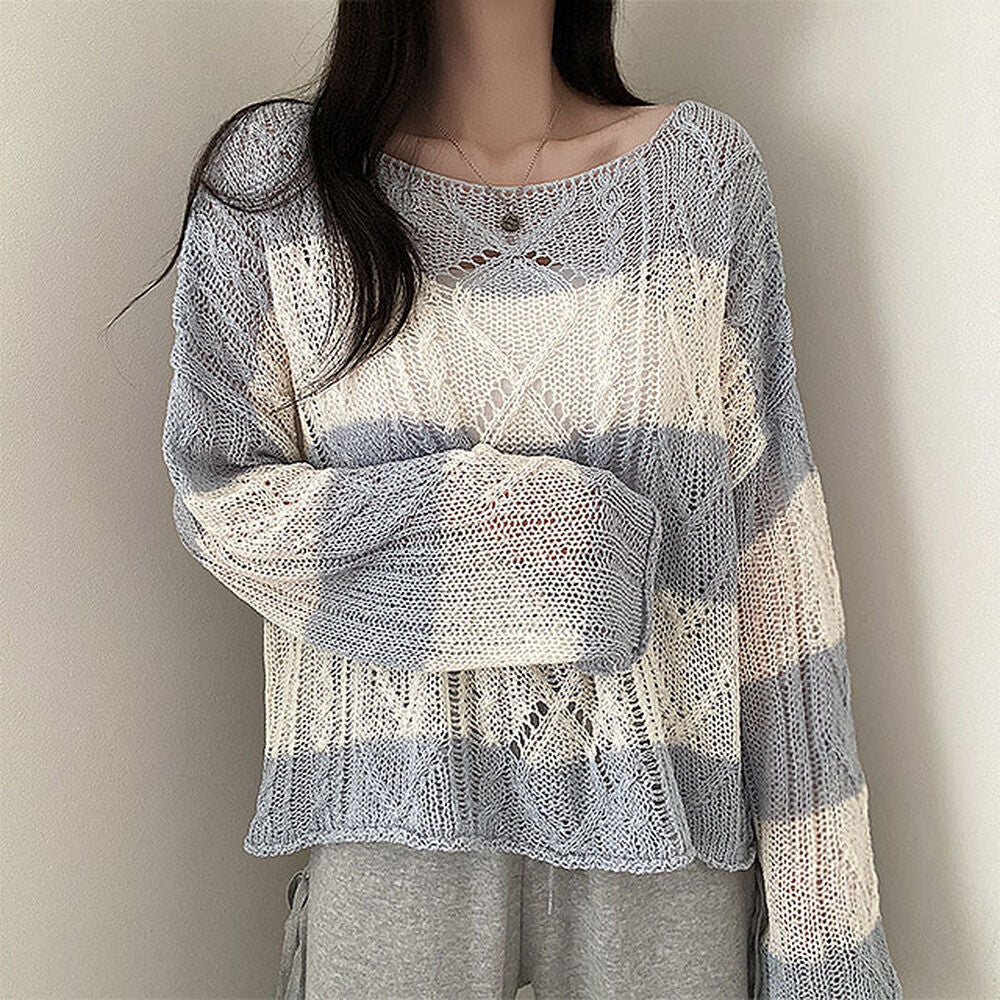 Soft Cable-Knit Colour-Block Top(Skyblue)