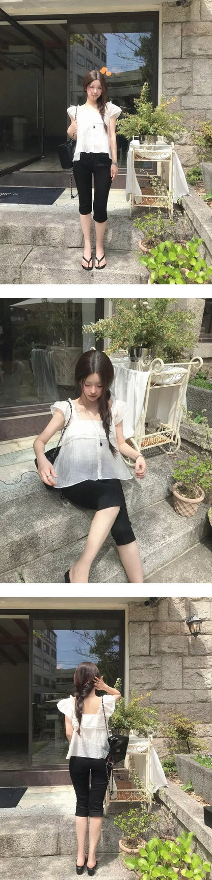 Flowy Tiered Buttoned Chiffon Flutter Sleeves Blouse(3 Colors)