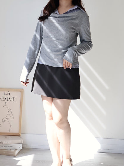 Layered Shirt-Collar Top(Grey)