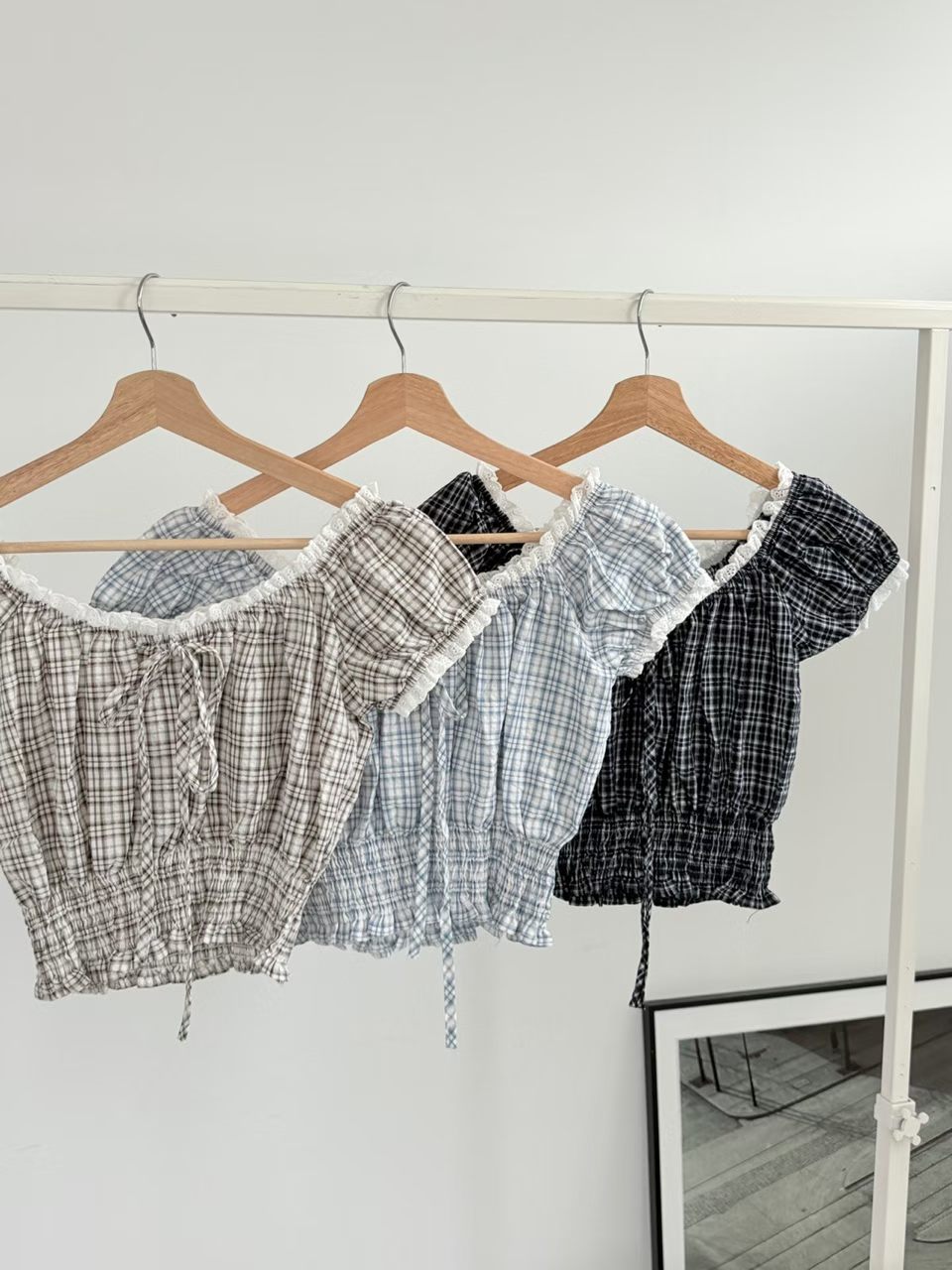Cottagecore Lace Plaid Puff Sleeve Blouse(3 colors)