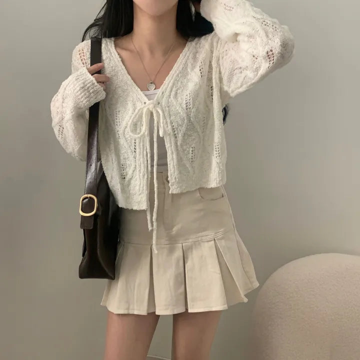 V-Neck Pointelle Tie-Front Knit Cardigan(5 colors)