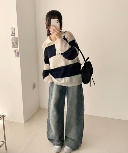 [20% Wool] Preppy Stripe Polo Sweater(5 colors)