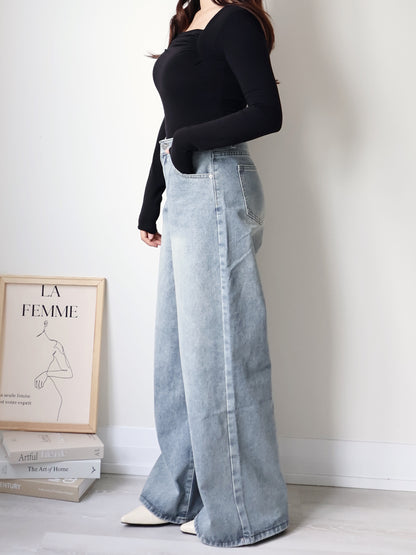 [S-2XL · 3 Lengths] Vintage-Wash Wide-Leg Denim Pants(Dusty blue)