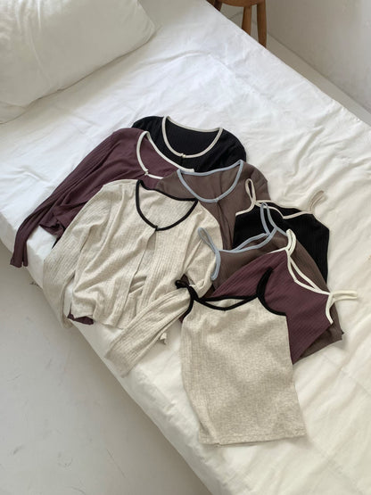 Color-Block Trim Cotton Cami & Cardigan 2-Piece Set(4 colors)