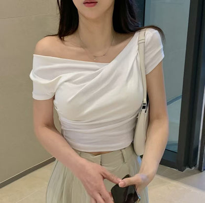 2-Way Boatneck Off-Shoulder Draped Cotton Top(6 Colors)