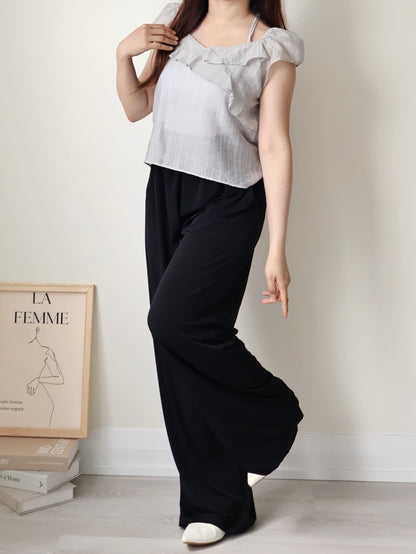 [Wrinkle-Free] Cooling Flowy Dual-Pocket Wide-Leg Pants(Black)