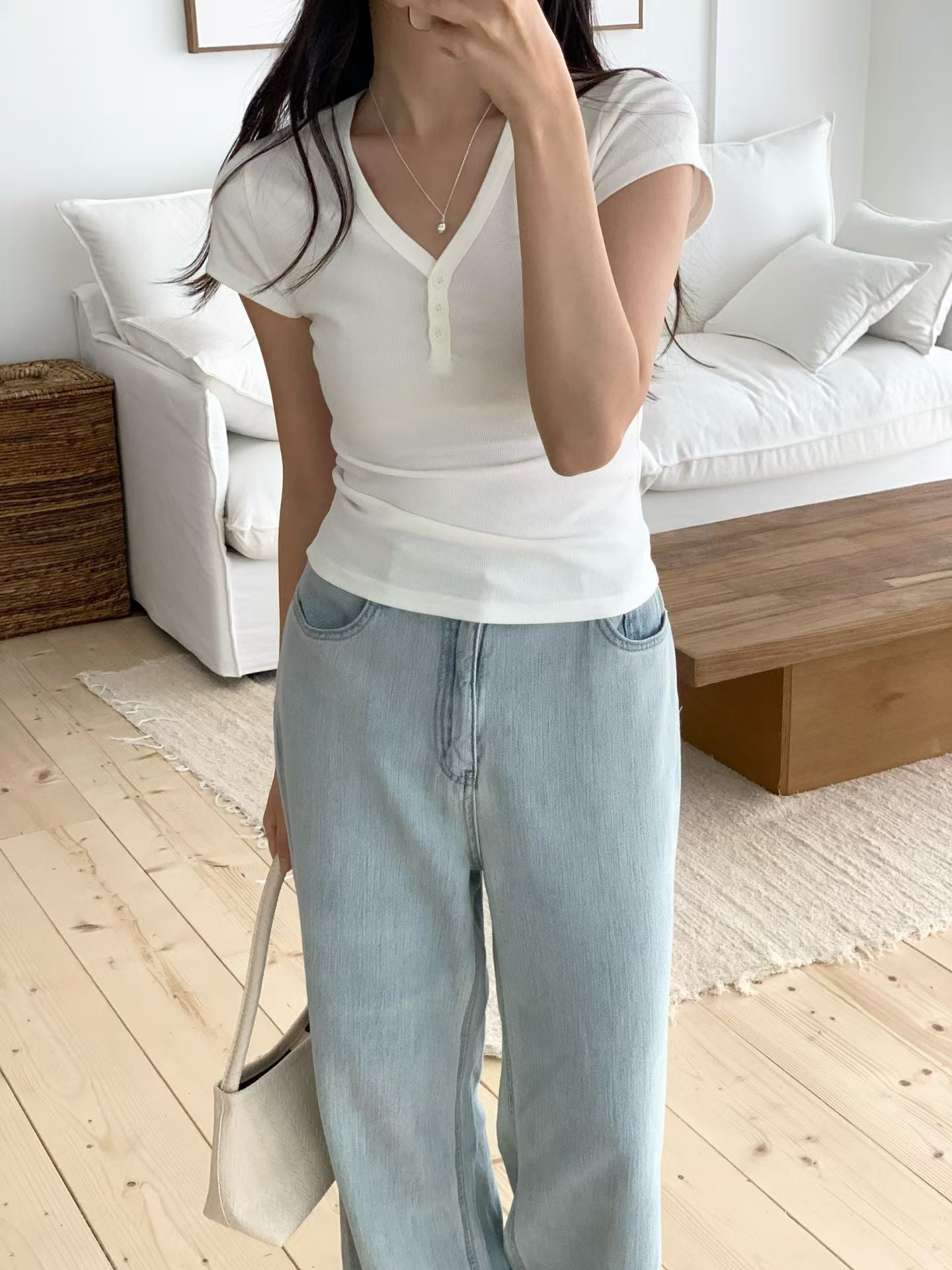 Minimalist V-Neck Button-Up Cotton Tee(3 Colors)