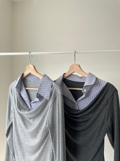 Layered Shirt-Collar Top(Charcoal)