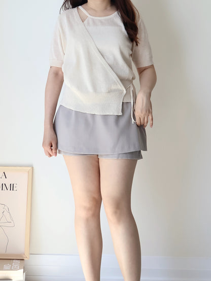 Lighweight Eyelet Overlap Linen Knit Top(Beige)