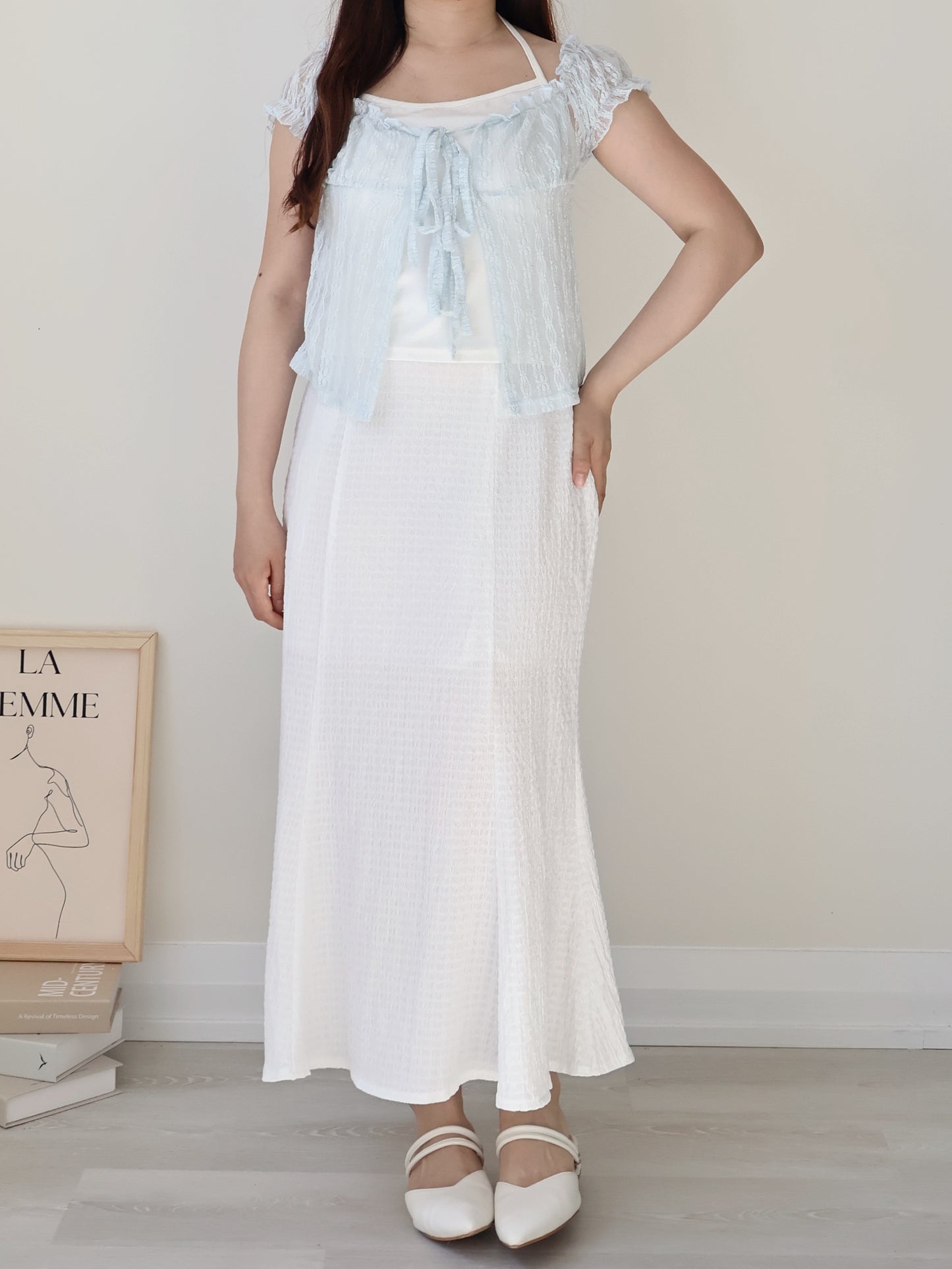 French Daisy Lace Layered Tie-Front Top(Icy blue)