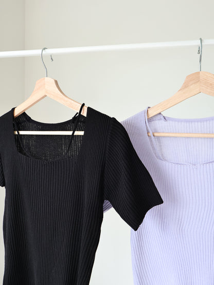 Flirty Square Neck V-Strap Ice Knit Top(Black)