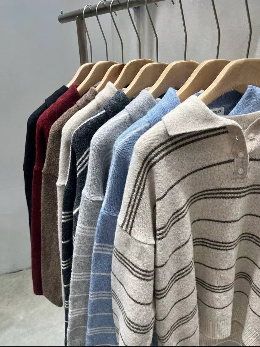 [5% WOOL] Collar Striped Loose Fit Sweater (4 colors)