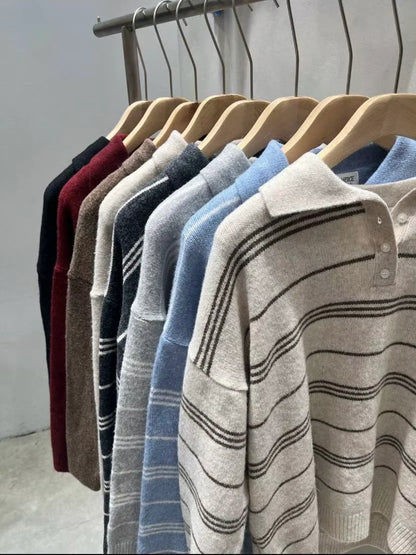 [5% WOOL] Collar Striped Loose Fit Sweater (4 colors)