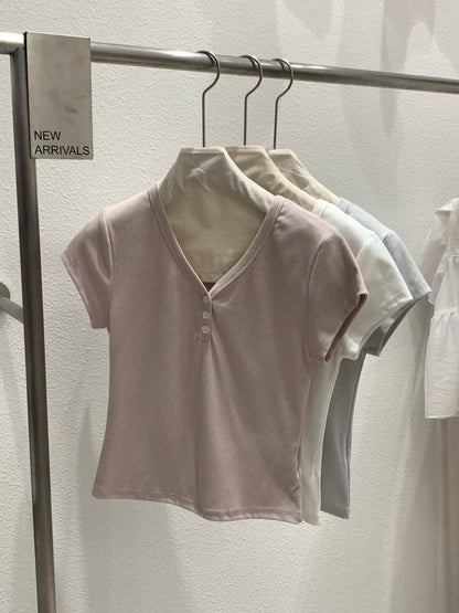Minimalist V-Neck Button-Up Cotton Tee(3 Colors)