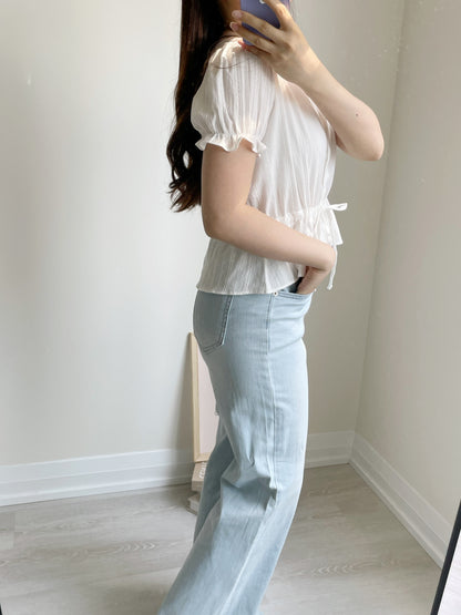 Frenchy Jacquard Cinched-Waist Cotton Blouse(2 Colors)