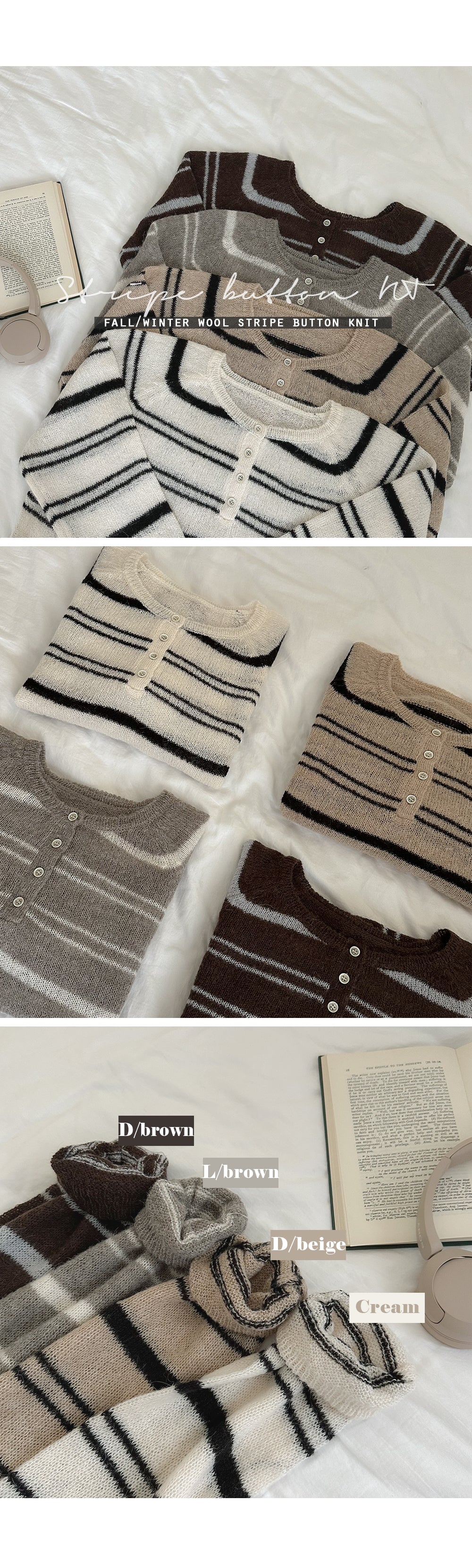 Button-Neck Relaxed Fit Striped Sweater(4 colors)