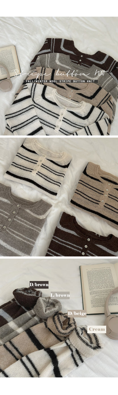 Button-Neck Relaxed Fit Striped Sweater(4 colors)
