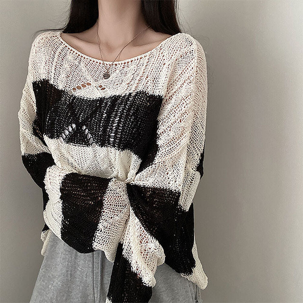 Soft Cable-Knit Colour-Block Top(Black)